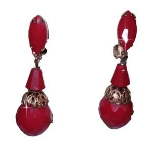 Clip-on Red & Gold Vintage Dangle Earrings + FREE Ring GIFT
